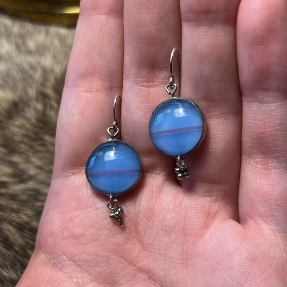 Silver toned blue glass marble earrings - Picture 1 of 3